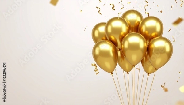 Fototapeta Gold balloons with confetti on white background, a festive concept celebration party scene with copy space