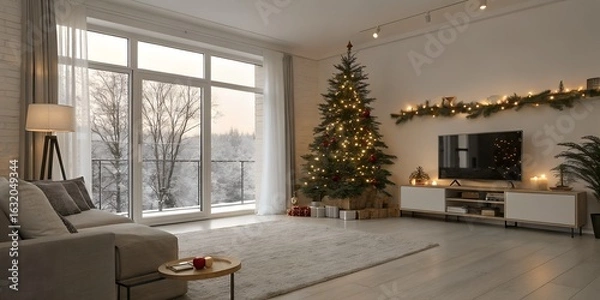 Fototapeta A living room decorated for christmas with a tree and a large window showing a winter scene outside
