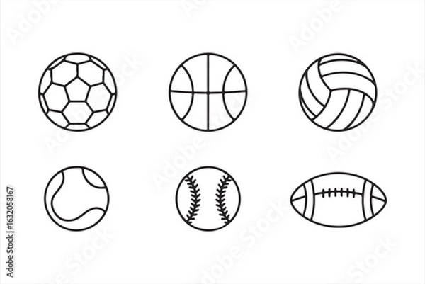 Fototapeta Line art sports balls including soccer, volleyball, and baseball icons