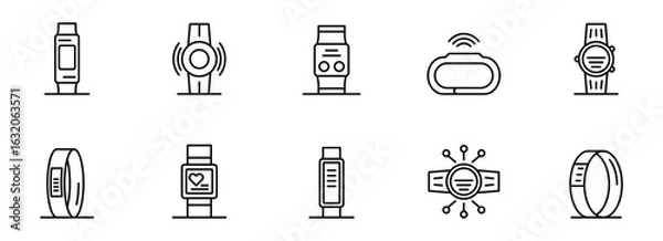 Obraz Collection of Modern Wearable Technology Icons: Smartwatches, Fitness Trackers, and Smartbands in Minimalist Line Art Style.
