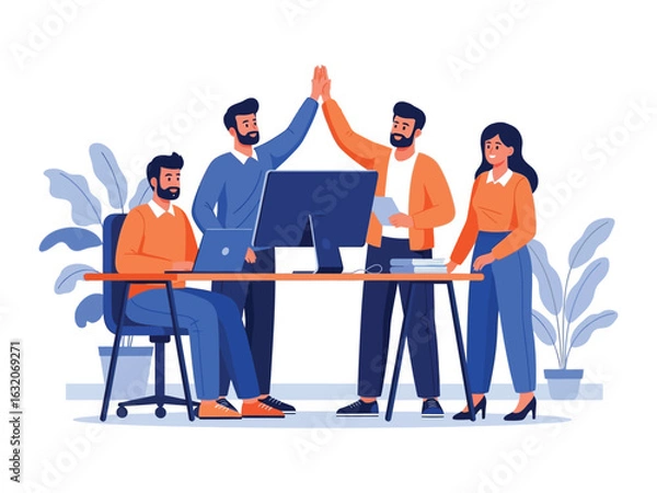 Fototapeta A team of colleagues celebrates a successful project with a high-five in their modern office.