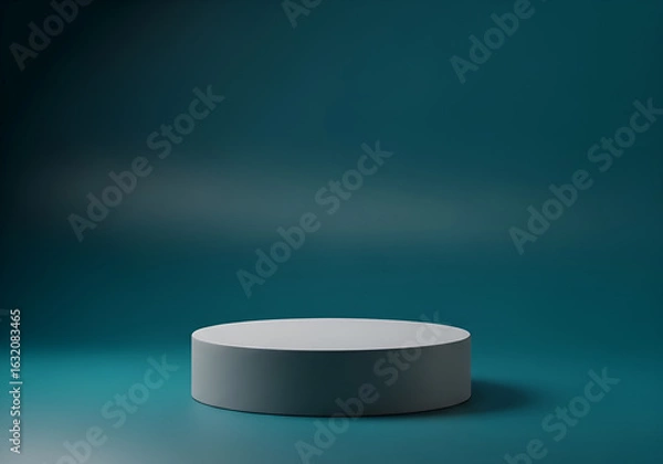 Fototapeta Minimalist cylindrical pedestal against a dark teal gradient background with soft lighting and subtle reflections