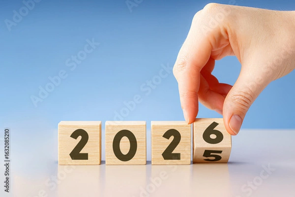 Fototapeta Happy New Year 2026 Concept with Wooden Cubes, Generative ai