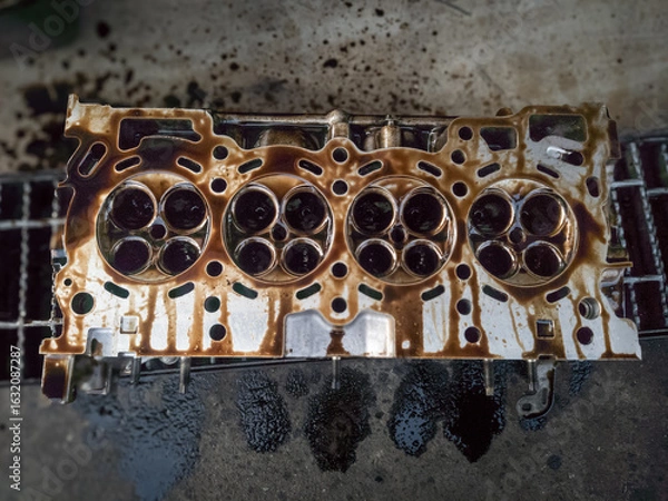 Obraz combustion chamber in the cylinder head of a gasoline engine vehicle being overhauled in a garage	