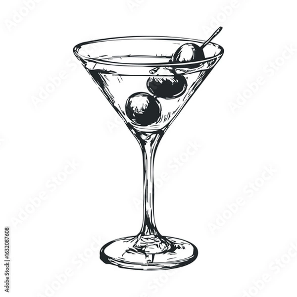 Obraz Hand-drawn martini glass with olives sketch in black and white