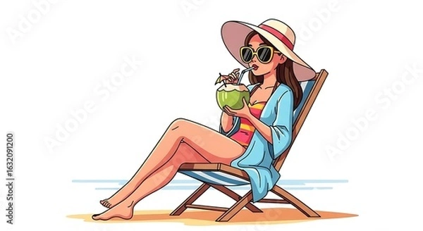 Fototapeta Young woman in a sun hat relaxing on a beach chair with a coconut drink. Summer vacation vector illustration.