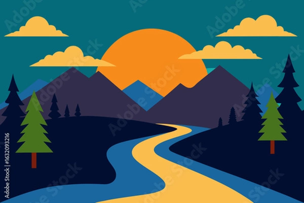 Fototapeta Stylized mountain landscape with winding river and sunset