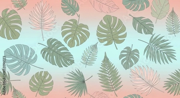 Fototapeta Pastel Tropical Leaf Pattern: Seamless Summer Background for Fashion, Textile, and Web Design