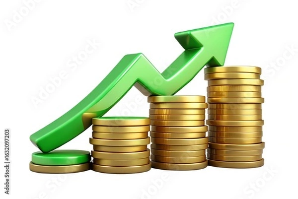 Fototapeta Green arrow graph rising above stacks of gold coins
