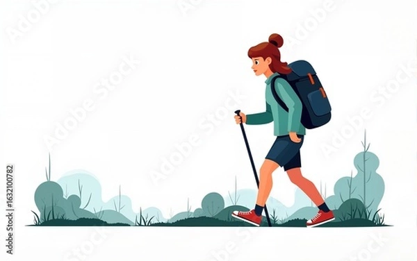 Fototapeta Cartoon girl hiking with backpack and pole on united states women s equality day isolated on transparent background. High quality