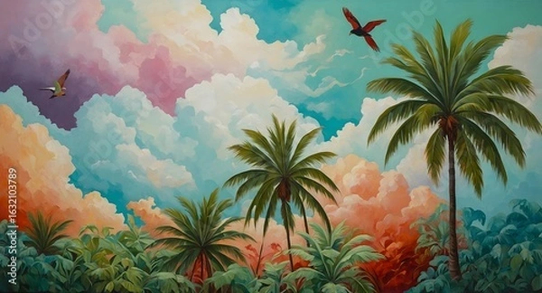 Fototapeta Colorful tropical sky and palm painting
