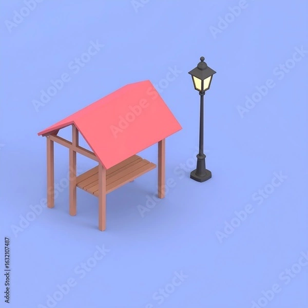 Fototapeta Low poly 3D render of a minimalist wooden stall with a red roof and a glowing street lamp on a light blue background.