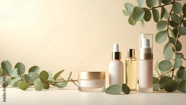 Fototapeta Elegant skincare product mockups:  cream jar, serum bottles, and lotion pump dispenser, styled with eucalyptus branches on beige background.