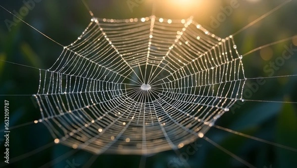 Fototapeta Dew-Kissed Spiderweb at Sunrise: Intricate Nature Macro Photography