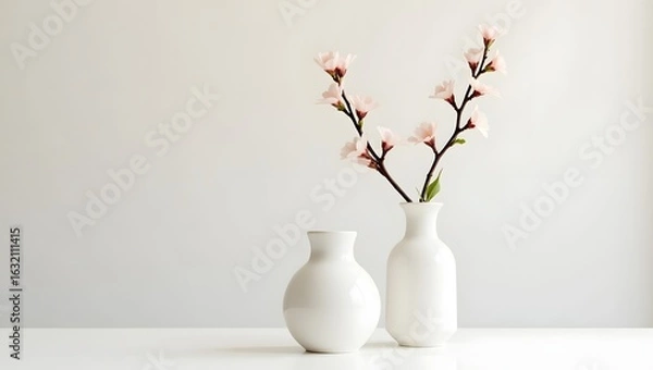 Obraz Elegant minimalist spring blossoms in sleek white ceramic vases, serene studio setting.