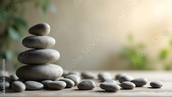 Fototapeta Serene Stacked Stones:  Spa-like, Balanced Pebbles on Wooden Surface with Soft, Natural Lighting and Blurred Greenery Background.