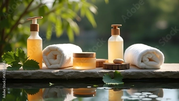 Obraz Serene Spa Products: Organic Skincare Bottles, Rolled Towels, Wooden Accents, Tranquil Pond Reflection