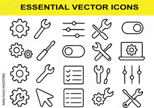 Obraz Collection of black outline icons for settings and tools
