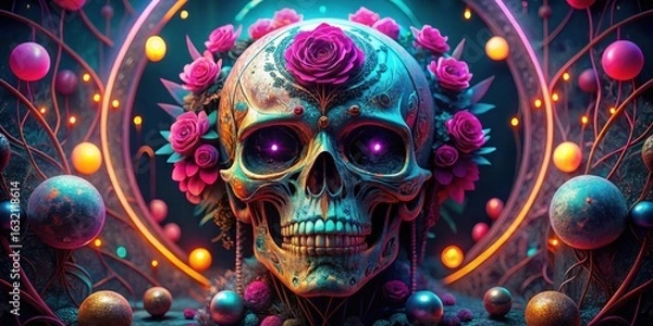 Fototapeta Ornate Skull Adorned with Vibrant Roses in a Surreal, Neon-Lit Setting