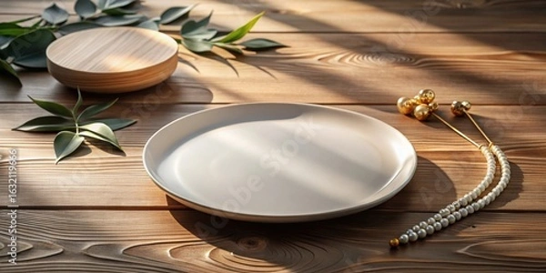 Fototapeta Empty plate on wooden surface with natural light, decorative elements, and foliage