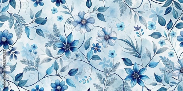 Fototapeta Serene Watercolor Floral Pattern Delicate Blue Blooms and Lush Greenery on a Soft Background