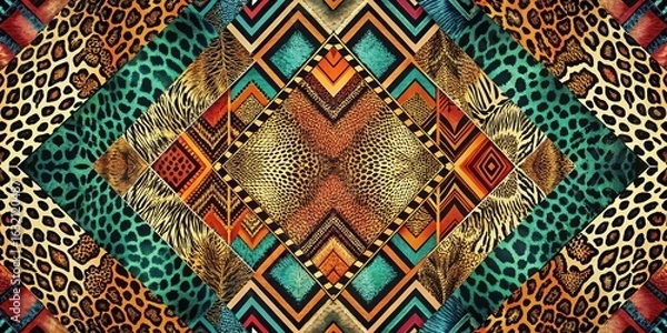 Fototapeta Vibrant Animal Print and Geometric Pattern Textile Design Featuring Bold Colors and Shapes Ideal for Fashion, Interior Design, and Artistic Applications