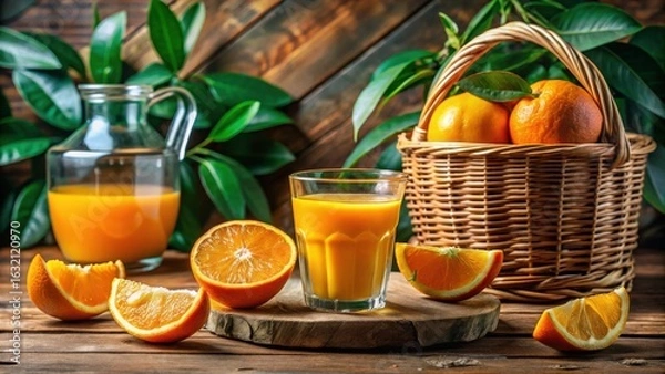 Fototapeta Refreshing Glass of Orange Juice with Whole and Sliced Oranges in a Rustic Wooden Setting