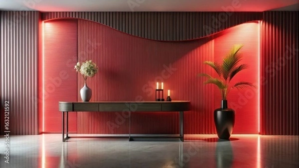 Fototapeta Modern Console Table with Red Accents and Plants in a Stylish Interior