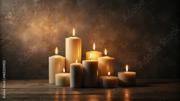 Fototapeta Illuminated Candles on Wooden Surface Against a Textured Background