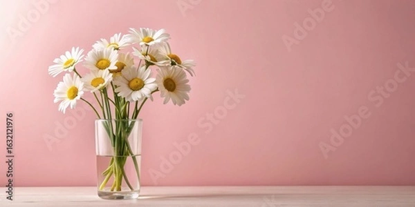 Fototapeta A delicate bouquet of white daisies arranged in a clear glass vase against a soft pink backdrop, a simple yet elegant floral arrangement.