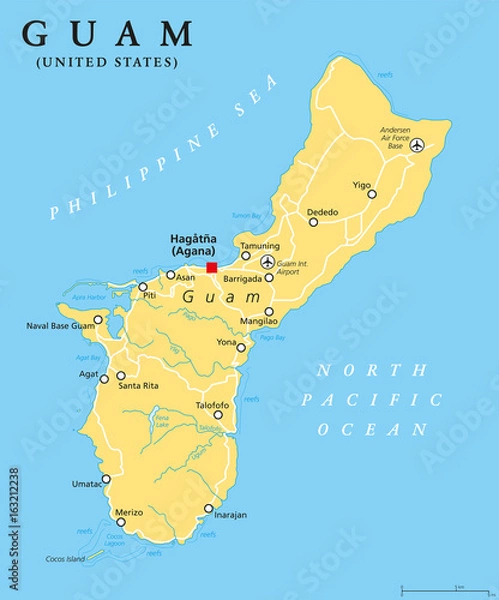 Fototapeta Polityczna mapa Guam ze stolicą Hagatna, Agana. Nie posiadające osobowości prawnej, zorganizowane terytorium Stanów Zjednoczonych na Oceanie Spokojnym. Największa z Mariany. Ilustracja z angielską etykietą. Wektor.