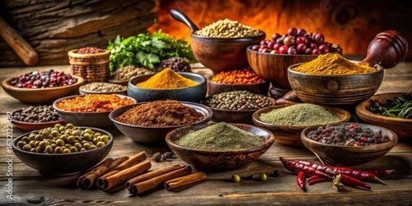 Fototapeta Aromatic Spice Collection Diverse Ground and Whole Spices in Rustic Bowls on Wooden Table