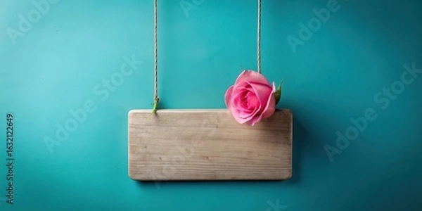 Fototapeta A delicate pink rose rests gently on a rustic wooden sign, hanging against a vibrant teal backdrop, perfect for a romantic message or thoughtful announcement.