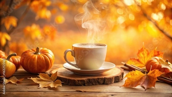 Fototapeta Warm Autumnal Beverage on Rustic Wooden Surface with Pumpkins and Fall Leaves