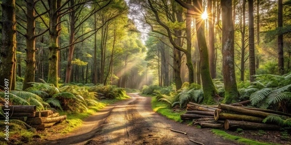 Fototapeta Sunlit Forest Path A Serene Woodland Road at Dawn with Lush Greenery and Sunbeams Filtering Through the Canopy