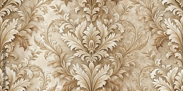 Fototapeta Elegant beige damask pattern with ornate acanthus leaf motifs, suitable for luxurious interior design projects and decorative applications.