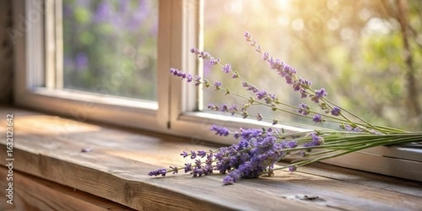 Fototapeta Sunlight Illuminates Delicate Lavender Sprigs Resting on a Rustic Wooden Windowsill, a Peaceful and Serene Scene