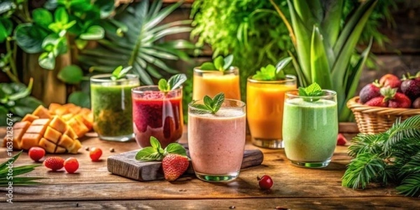 Fototapeta Refreshing Fruit Smoothies in Glassware, Garnished with Mint, on Wooden Table with Tropical Foliage