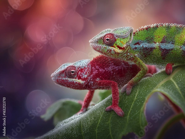 Obraz Chameleons on green leaf with bokeh background