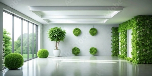Fototapeta Modern minimalist interior design with vibrant green plants and expansive window showcasing a serene landscape