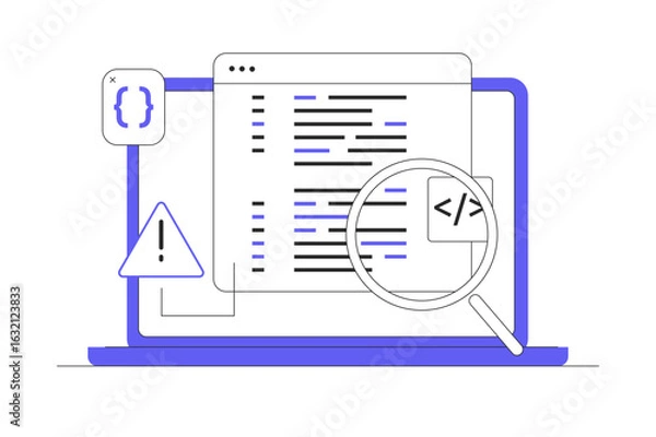 Fototapeta Bug report. Magnifying glass for bugs in computer software program. Bug report. Computer Virus Protection. Tracker Tool on Website. Flat Cartoon Vector Illustration, icon Stylish abstract design web