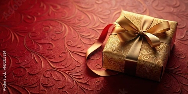 Fototapeta A Luxurious Gold Gift Box with a Satin Ribbon, Resting on an Ornate Red Background, Perfect for Holiday Celebrations and Special Occasions