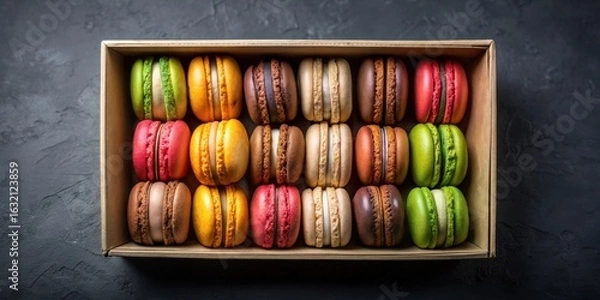 Fototapeta A delightful assortment of colorful macarons in a simple cardboard box, perfect for a sweet treat or gift