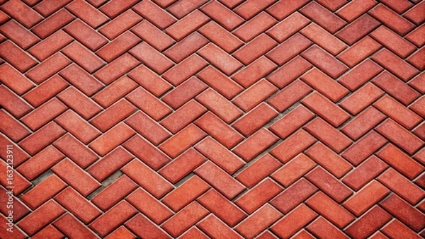 Fototapeta A Detailed View of Interlocking Red Brick Pavement Showing a Herringbone Pattern