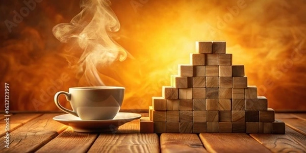 Fototapeta Aromatic Steam Rising from a Warm Beverage Beside a Wooden Block Structure Representing Growth and Progress
