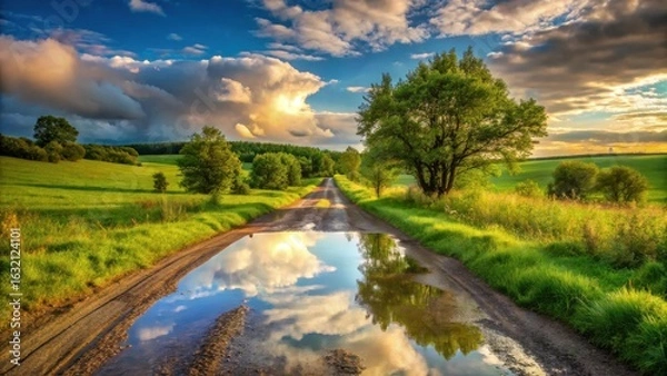 Fototapeta Serene Sunset Over Lush Green Meadow with Country Road Reflecting Clouds in Puddle