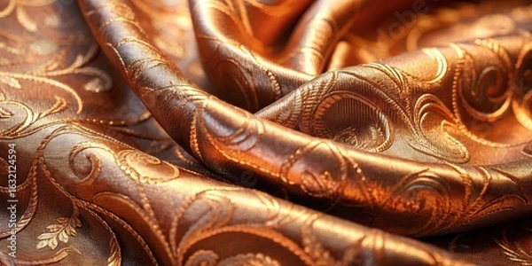 Fototapeta Luxurious Bronze Fabric with Intricate Embroidered Design, Draped in Soft, Elegant Folds, Showcasing the Rich Texture and Subtle Shimmer