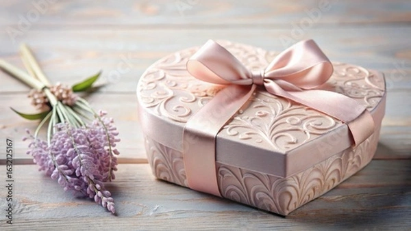 Fototapeta A delicately adorned heart-shaped gift box tied with a blush pink ribbon rests on a rustic wooden surface, accompanied by a small lavender bouquet.