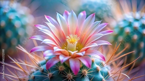 Fototapeta A delicate pink and white cactus blossom showcases its vibrant petals and intricate details, a testament to nature's artistry