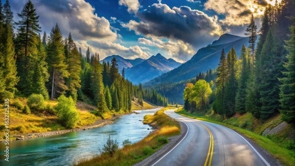 Fototapeta Scenic Highway Winding Through a Mountain Valley River Landscape with Lush Green Coniferous Trees and a Bright Sunny Sky